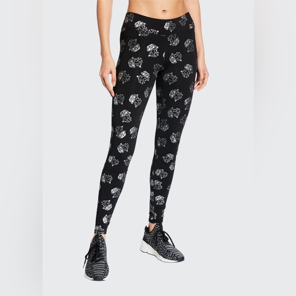 Keith Haring X Terez Black Leggings with Metallic Silver Boombox Man Pattern